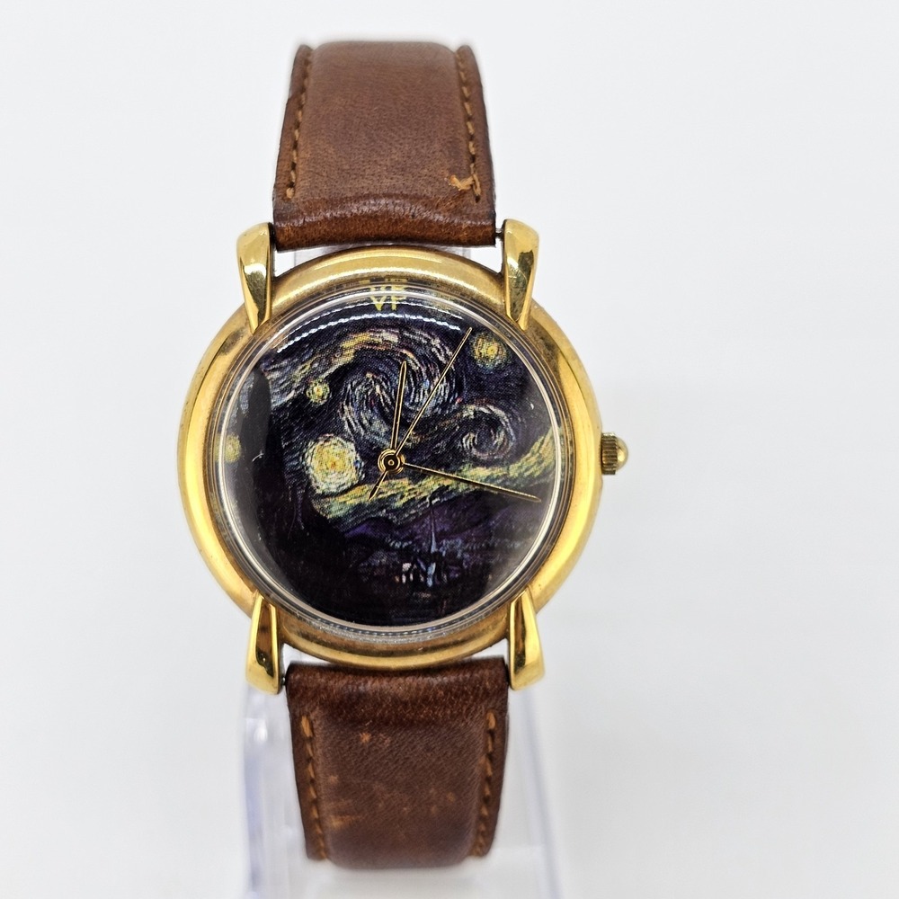 Van Gogh's Starry Night VP Artwatch 34MM Dark Brown Leather Bands 7" New Battery